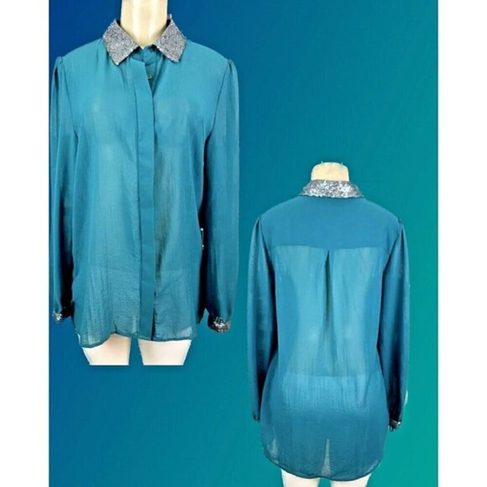 Apt 9 L Green Sheer Button Gunmetal Sequin Trim Step-Hem Long Sleeve Blouse